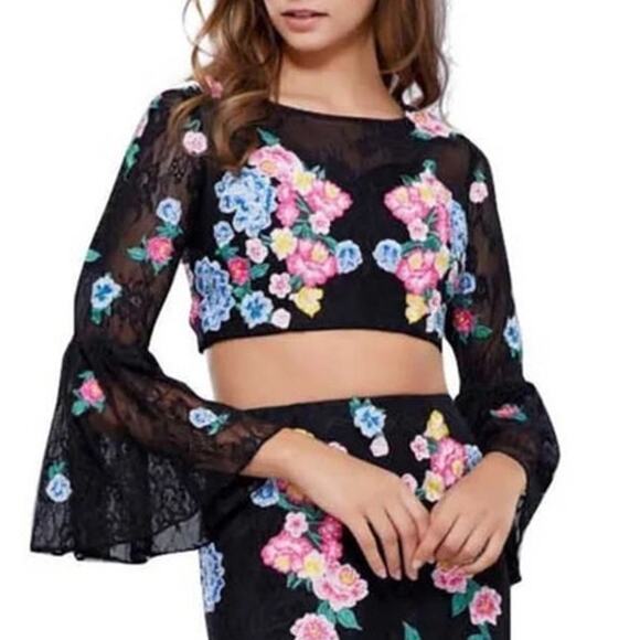 New Nox Anabel Cropped Blk Lace Flounce Slve Sheer Floral Embrodery Top Women L - Picture 1 of 16